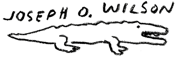 Joseph O. Wilson hand-drawn logo with crocodile icon.
